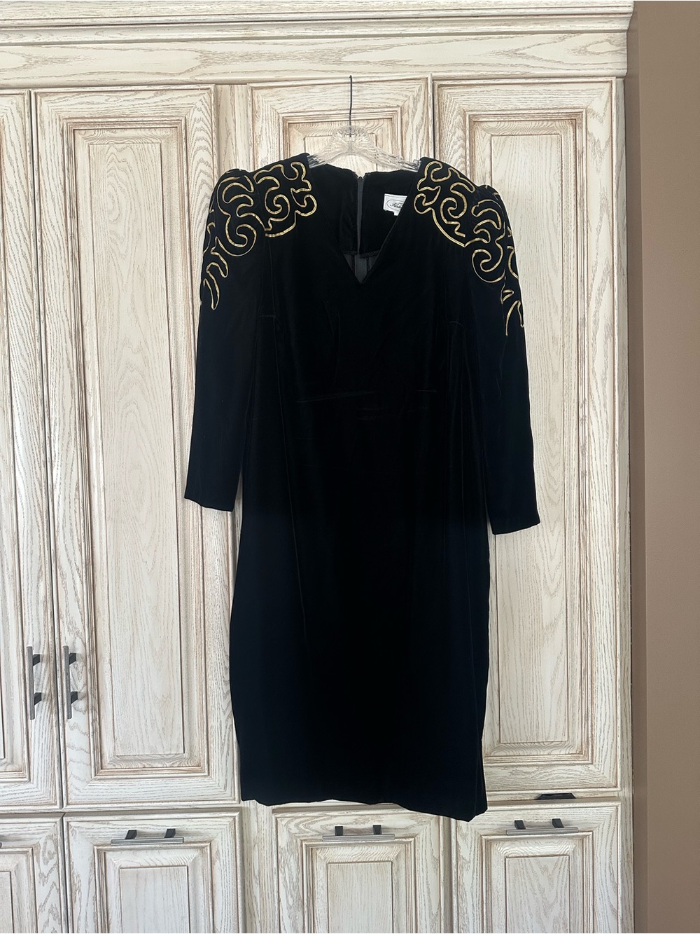 Vintage Evenings by Pantagis Black Velvet Dress with Gold Embroidered Shoulders